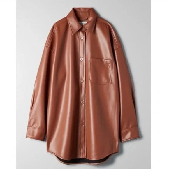 Aritzia Babaton Pelli Faux Leather Vegan Shirt Jacket Cognac Brown Size Large - Picture 1 of 8